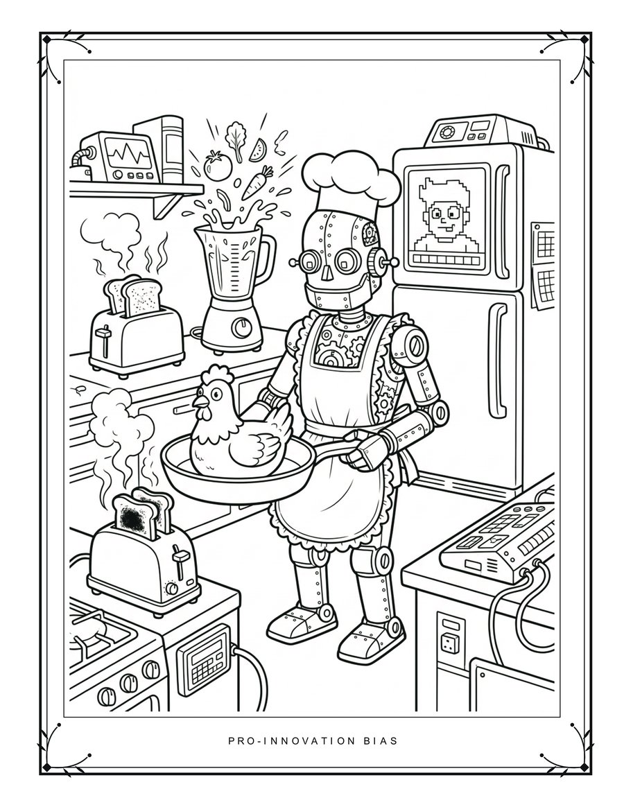 Pro-Innovation Bias - coloring page of a robot chef in a gadget-filled kitchen