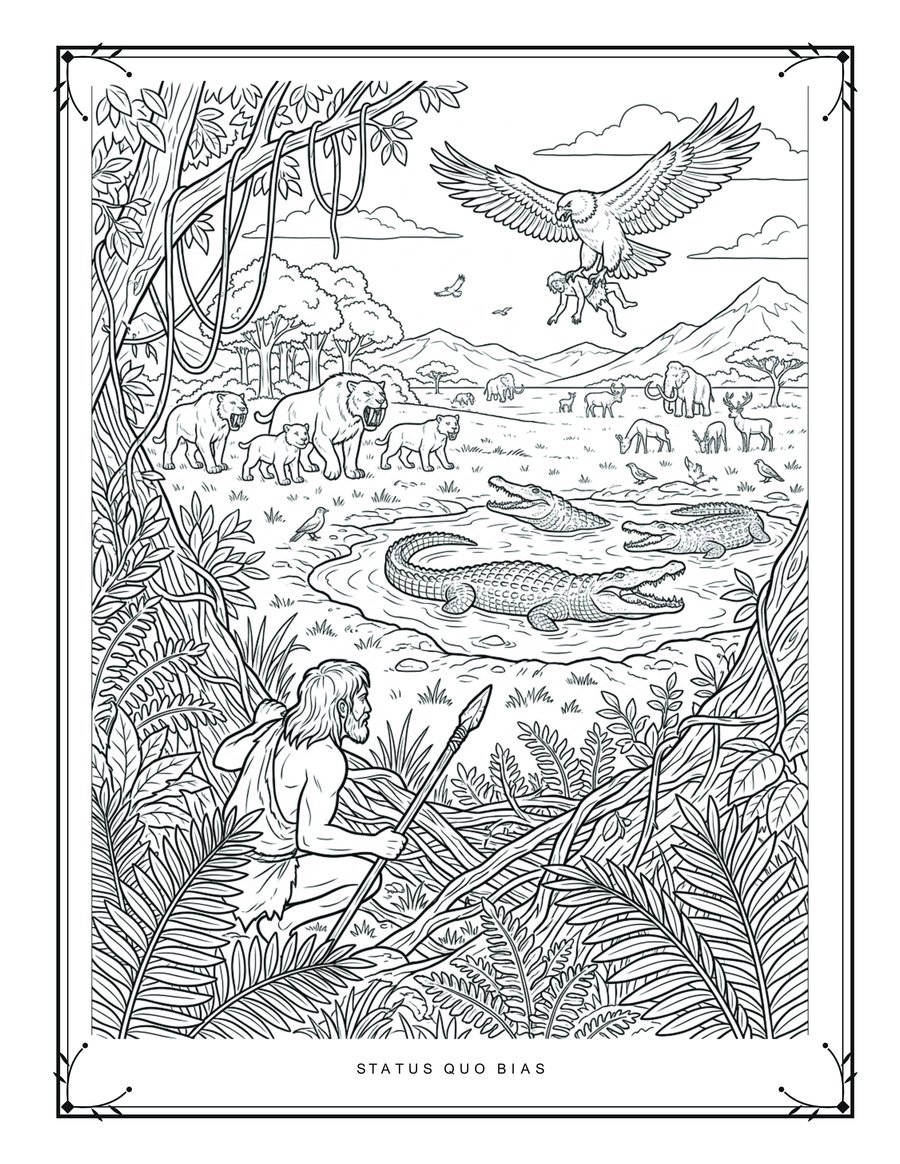 Status Quo Bias - coloring page of a prehistoric hunter-gatherer scene